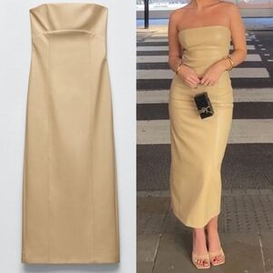 Zara Faux Leather Strapless Bloggers Favorite Back Slit Midi Dress Cream Small